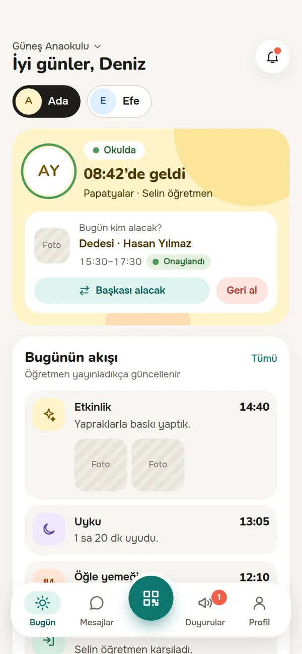 Veli uygulamasının Bugün ekranı: çocuğun okula geliş saati, bugün onu kimin alacağı ve günün akışı.
